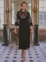 Love & Roses X V&A Black Floral Embroidered Fluted Sleeve Midi Dress - Image 1 of 4