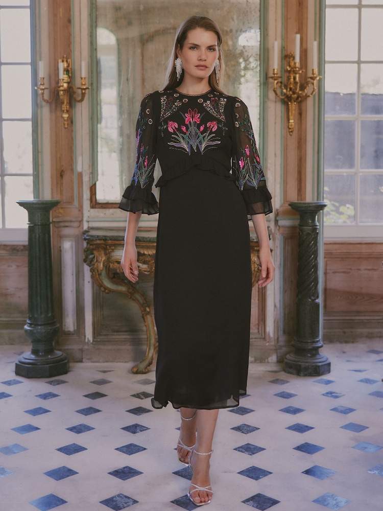 Love & Roses X V&A Black Floral Embroidered Fluted Sleeve Midi Dress - Image 1 of 4