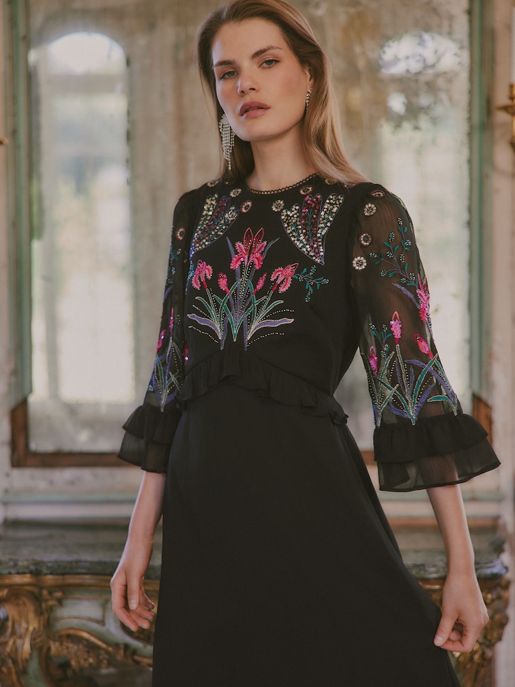 Love & Roses X V&A Black Floral Embroidered Fluted Sleeve Midi Dress - Image 2 of 4