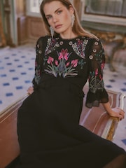 Love & Roses X V&A Black Floral Embroidered Fluted Sleeve Midi Dress - Image 3 of 4