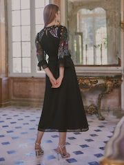 Love & Roses X V&A Black Floral Embroidered Fluted Sleeve Midi Dress - Image 4 of 4