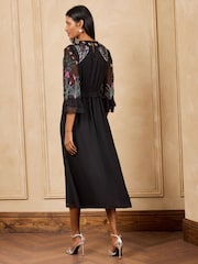 Love & Roses X V&A Black Floral Embroidered Fluted Sleeve Midi Dress - Image 6 of 7