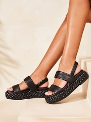 Lipsy Black Wide FIt Double Strap Chunky Faux Leather Flatform Sandal - Image 1 of 4