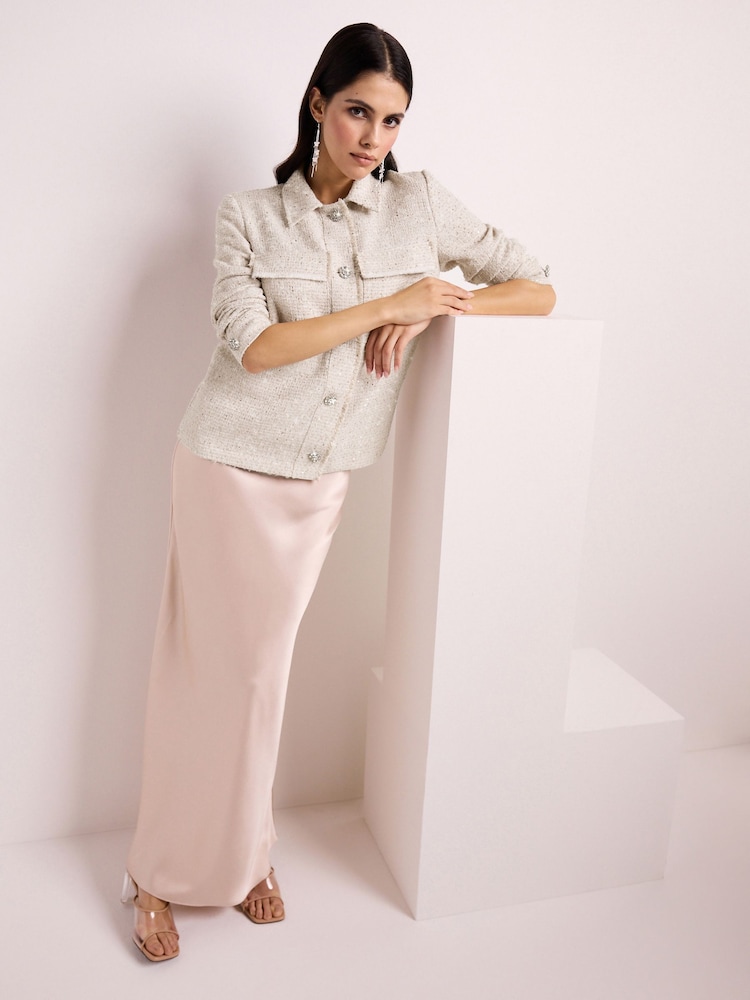 Neutrale Farbe - Bouclé-Pailletten-Hemdjacke - Bild 2 von 6