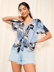 Friends Like These Blue Floral V Neck Tie Front Shorts Crinkle Woven Sleeve Top - Image 1 of 4