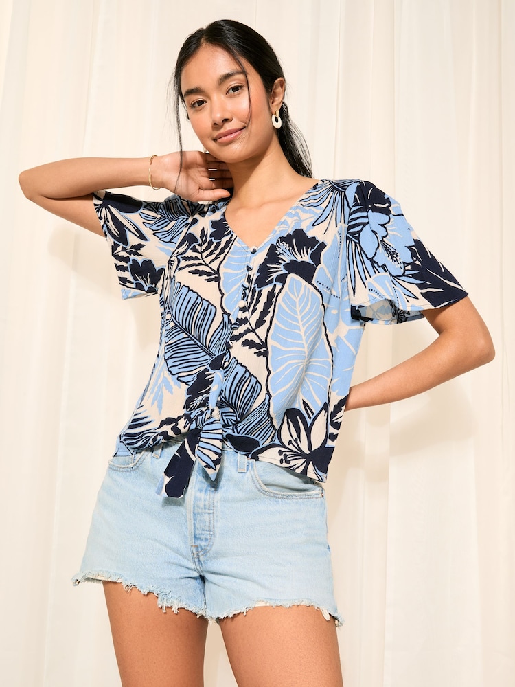 Friends Like These Blue Floral V Neck Tie Front Shorts Crinkle Woven Sleeve Top - Image 1 of 4