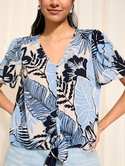 Friends Like These Blue Floral V Neck Tie Front Shorts Crinkle Woven Sleeve Top - Image 3 of 4