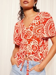 Friends Like These Red V Neck Tie Front Short Crinkle Woven Sleeve Top - Image 1 of 4