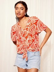 Friends Like These Red V Neck Tie Front Short Crinkle Woven Sleeve Top - Image 3 of 4