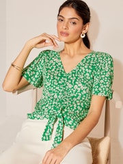 Friends Like These Green V Neck Tie Front Shorts Crinkle Woven Sleeve Top - Image 1 of 4