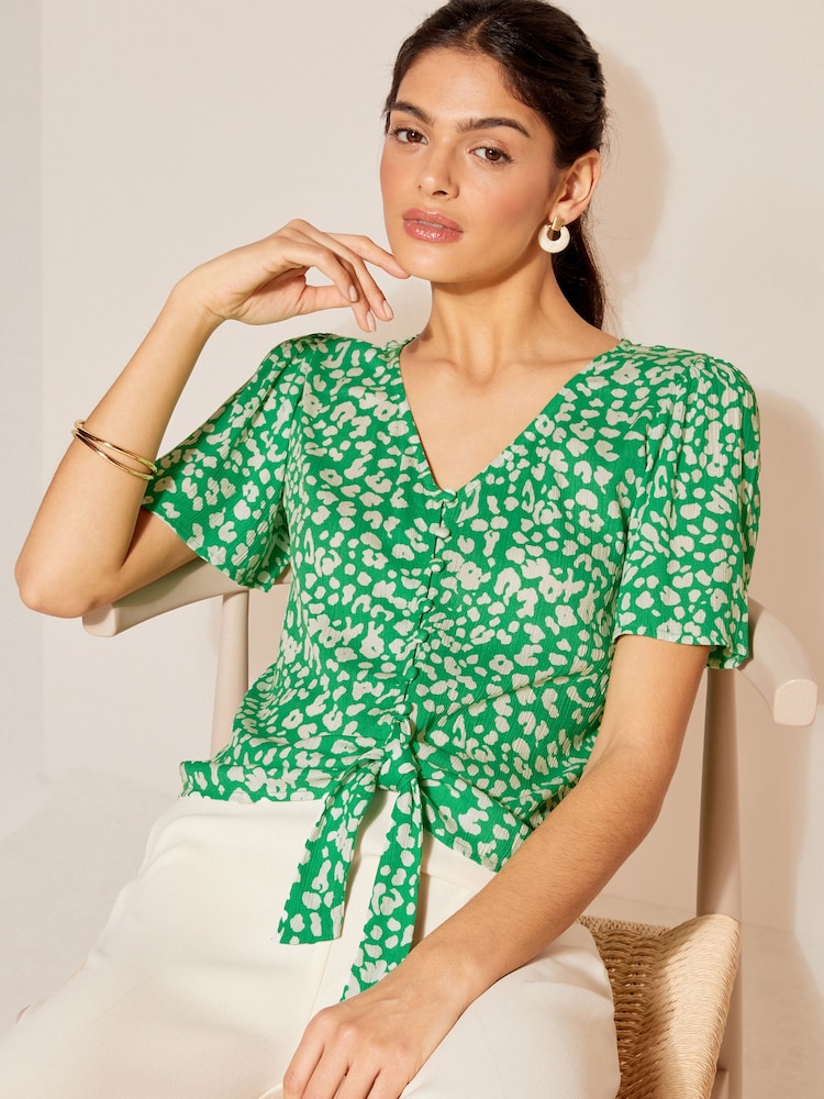 Friends Like These Green V Neck Tie Front Shorts Crinkle Woven Sleeve Top - Image 1 of 4