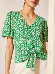 Friends Like These Green V Neck Tie Front Shorts Crinkle Woven Sleeve Top - Image 2 of 4