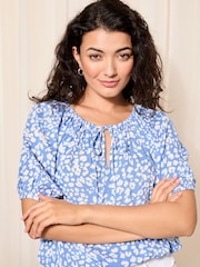 Friends Like These Blue Floral Tie Neck Bubble Hem Puff Sleeve Top - Image 2 of 4