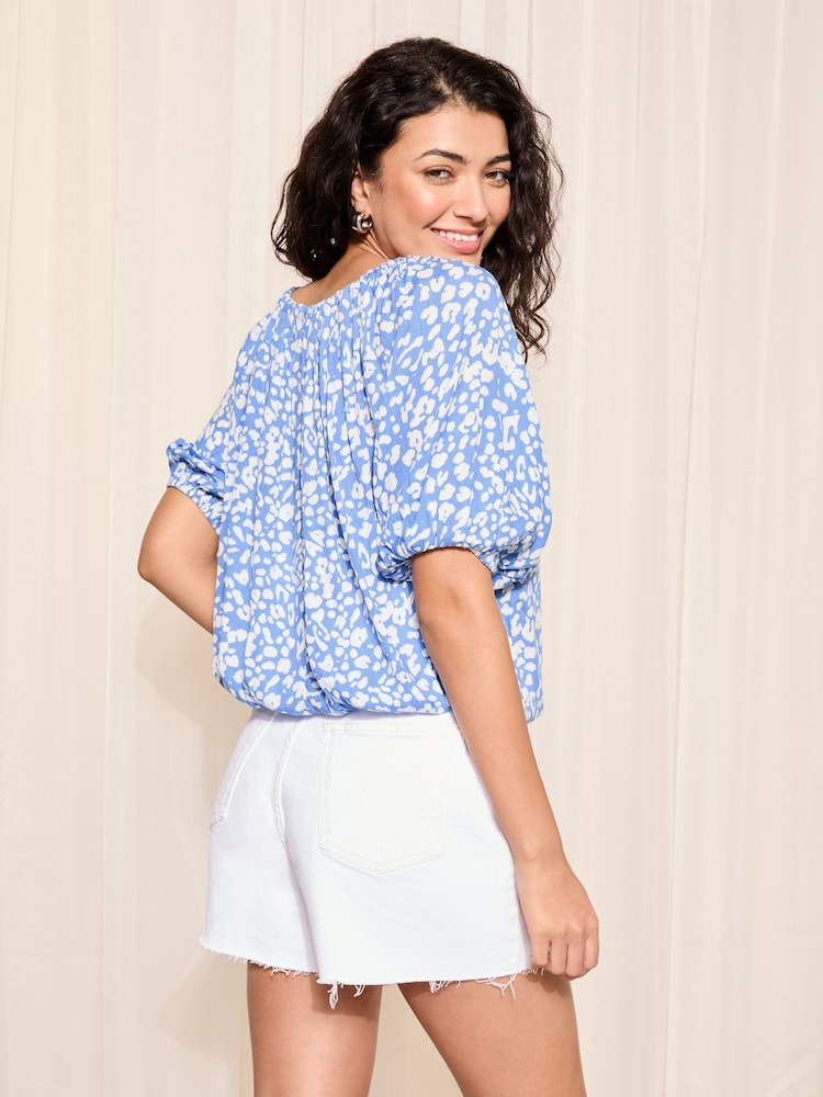 Friends Like These Blue Floral Tie Neck Bubble Hem Puff Sleeve Top - Image 4 of 4