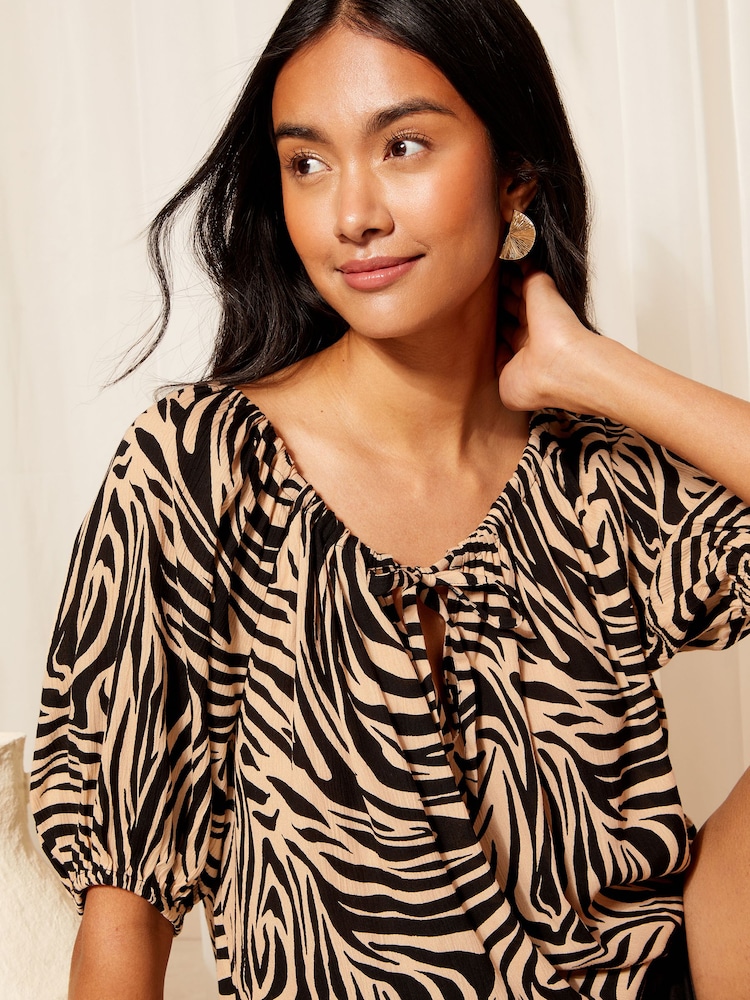Friends Like These Zebra Print Petite Tie Neck Bubble Hem Puff Sleeve Top - Image 2 of 4 Friends Like These Zebra Print Petite Tie Neck Bubble Hem Puff Sleeve Top - Image 2 of 4