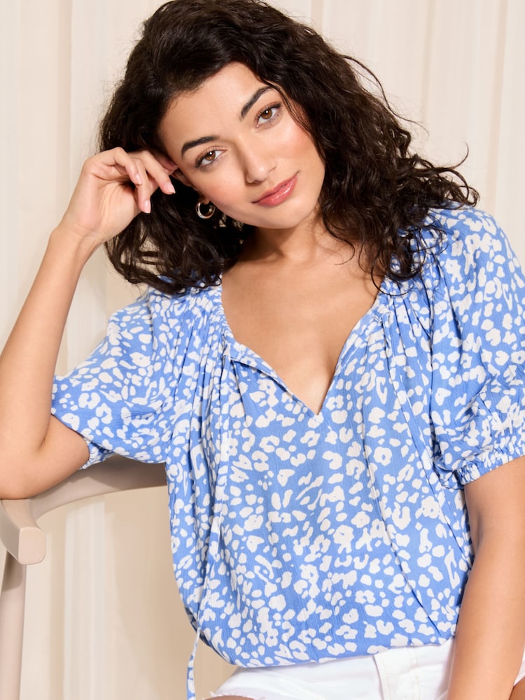 Friends Like These Blue Floral Petite Tie Neck Bubble Hem Puff Sleeve Top - Image 2 of 4 Friends Like These Blue Floral Petite Tie Neck Bubble Hem Puff Sleeve Top - Image 2 of 4