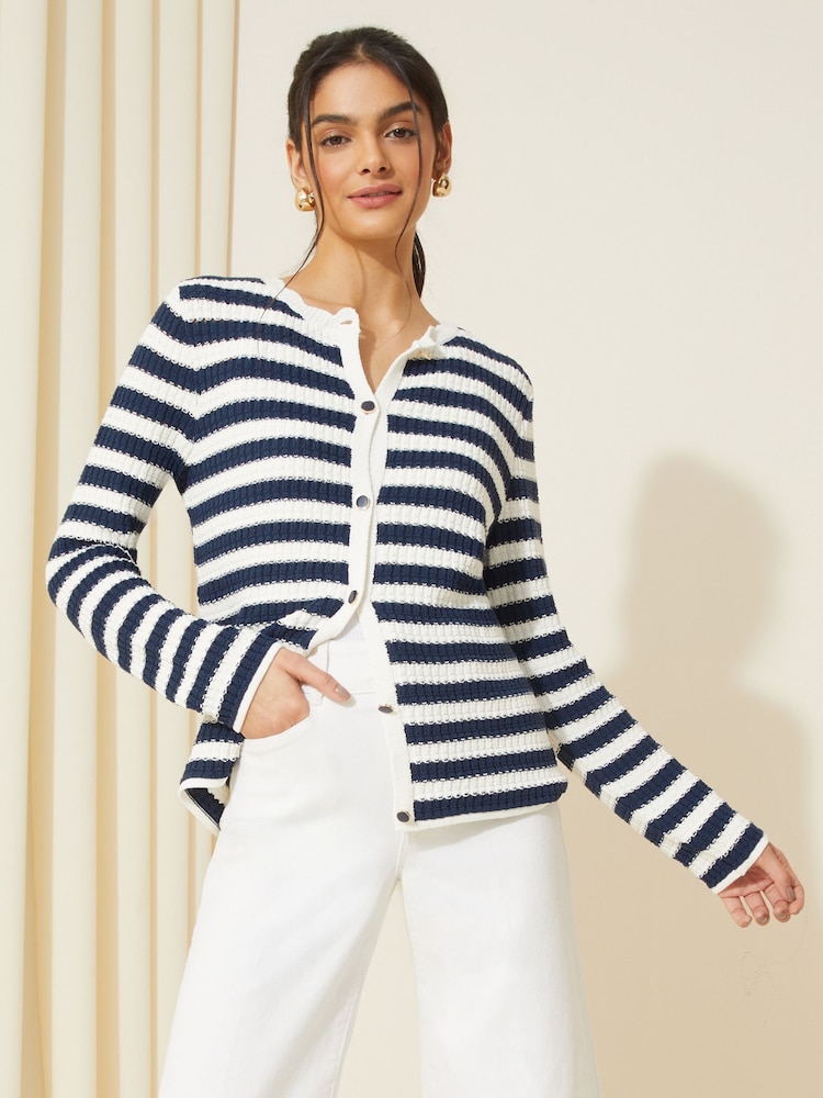Friends Like These Navy Blue Stripe Textured Crew Neck Cardigan - Image 1 of 4 Friends Like These Navy Blue Stripe Textured Crew Neck Cardigan - Image 1 of 4