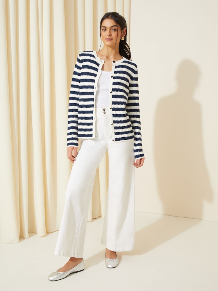 Friends Like These Navy Blue Stripe Textured Crew Neck Cardigan - Image 2 of 4 Friends Like These Navy Blue Stripe Textured Crew Neck Cardigan - Image 2 of 4