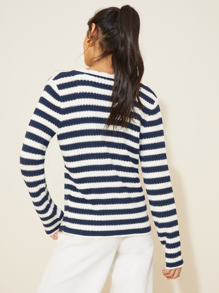 Friends Like These Navy Blue Stripe Textured Crew Neck Cardigan - Image 4 of 4 Friends Like These Navy Blue Stripe Textured Crew Neck Cardigan - Image 4 of 4