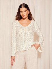 Friends Like These Ivory White Crochet Flute Sleeve Top - Image 1 of 4