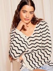 Friends Like These Black/White Crochet Flute Sleeve Top - Image 1 of 4