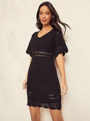 Friends Like These Black V Neck Crochet Mini Dress - Image 1 of 4