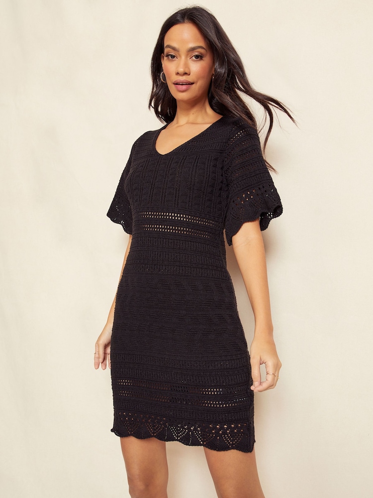 Friends Like These Black V Neck Crochet Mini Dress - Image 1 of 4