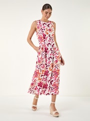 Roman Pink Floral Pleated A-Line Midi Dress - Image 1 of 4