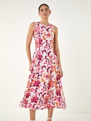 Roman Pink Floral Pleated A-Line Midi Dress - Image 3 of 4