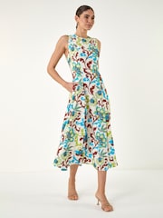 Roman Blue Floral Pleated A-Line Midi Dress - Image 1 of 4