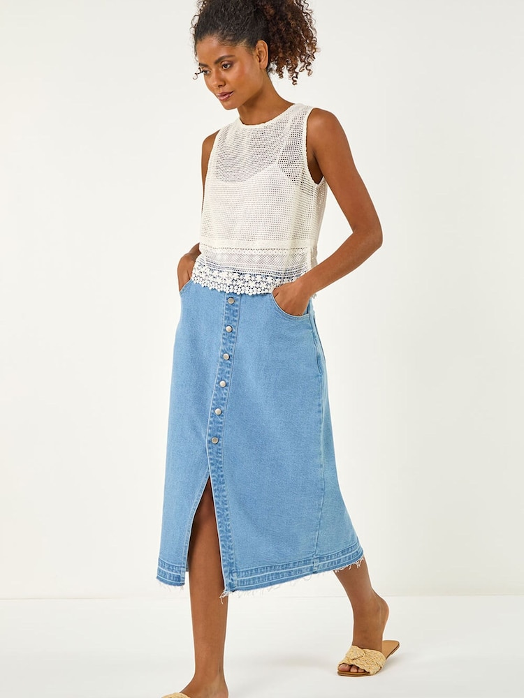 Roman Blue Denim Button Skirt - Image 1 of 5 Roman Blue Denim Button Skirt - Image 1 of 5
