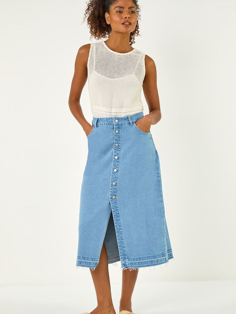 Roman Blue Denim Button Skirt - Image 2 of 5 Roman Blue Denim Button Skirt - Image 2 of 5