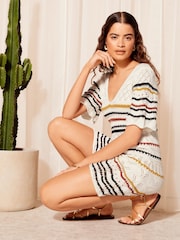 Friends Like These White Multi V Neck Crochet Mini Dress - Image 2 of 4