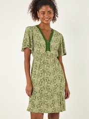 Roman Green Abstract Lace Trim Dress - Image 2 of 4