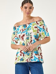 Roman Blue Floral Print Bardot Top - Image 1 of 4