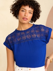 Love & Roses Blue Crochet Yoke Woven T-Shirt - Image 1 of 4