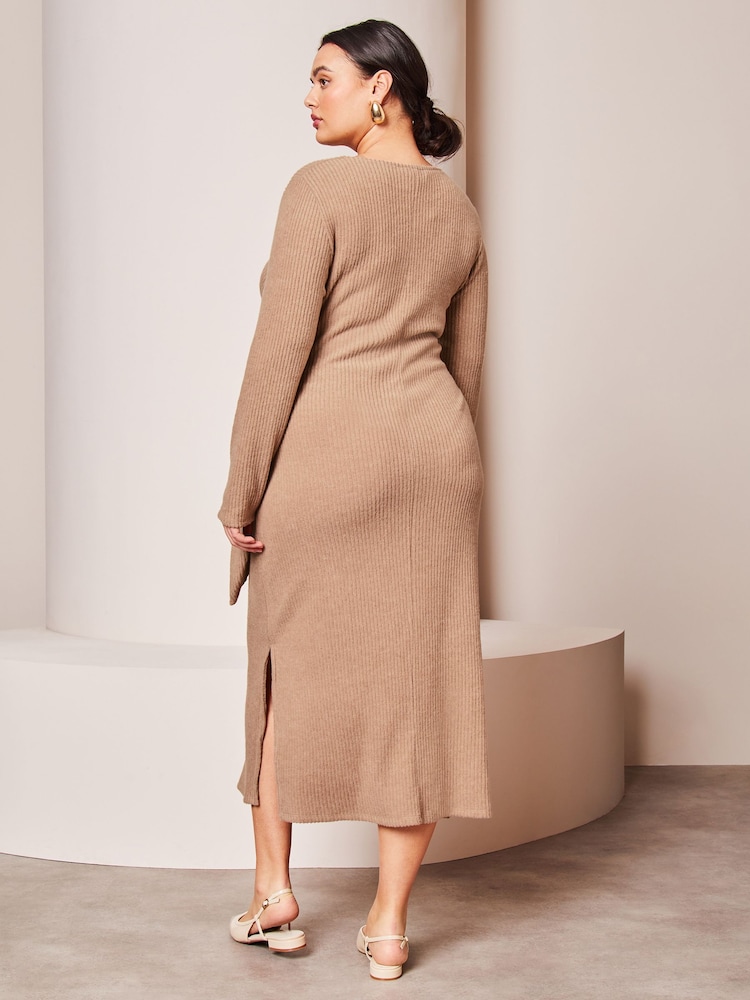 Lipsy Camel Curve Crew Neck Cosy Long Sleeve Tie Side Jersey Midi Jumper Dress - Image 2 of 4