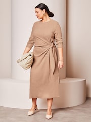 Lipsy Camel Curve Crew Neck Cosy Long Sleeve Tie Side Jersey Midi Jumper Dress - Image 3 of 4