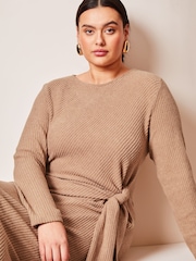 Lipsy Camel Curve Crew Neck Cosy Long Sleeve Tie Side Jersey Midi Jumper Dress - Image 4 of 4