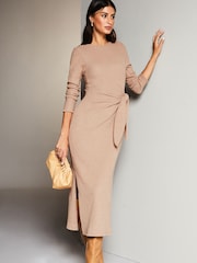 Lipsy Camel Petite Crew Neck Cosy Long Sleeve Tie Side Jersey Midi Jumper Dress - Image 1 of 4