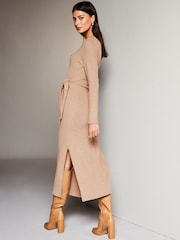 Lipsy Camel Petite Crew Neck Cosy Long Sleeve Tie Side Jersey Midi Jumper Dress - Image 2 of 4