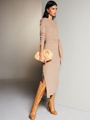 Lipsy Camel Petite Crew Neck Cosy Long Sleeve Tie Side Jersey Midi Jumper Dress - Image 3 of 4