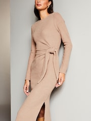 Lipsy Camel Petite Crew Neck Cosy Long Sleeve Tie Side Jersey Midi Jumper Dress - Image 4 of 4