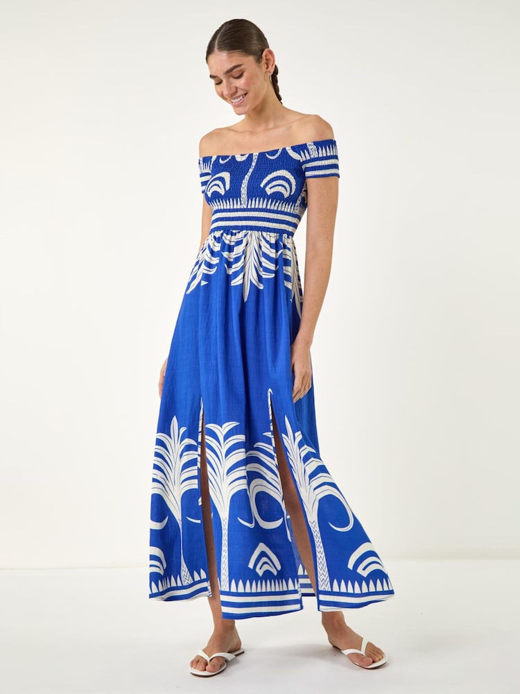 Roman Blue Leaf Bardot Dress - Image 1 of 4 Roman Blue Leaf Bardot Dress - Image 1 of 4