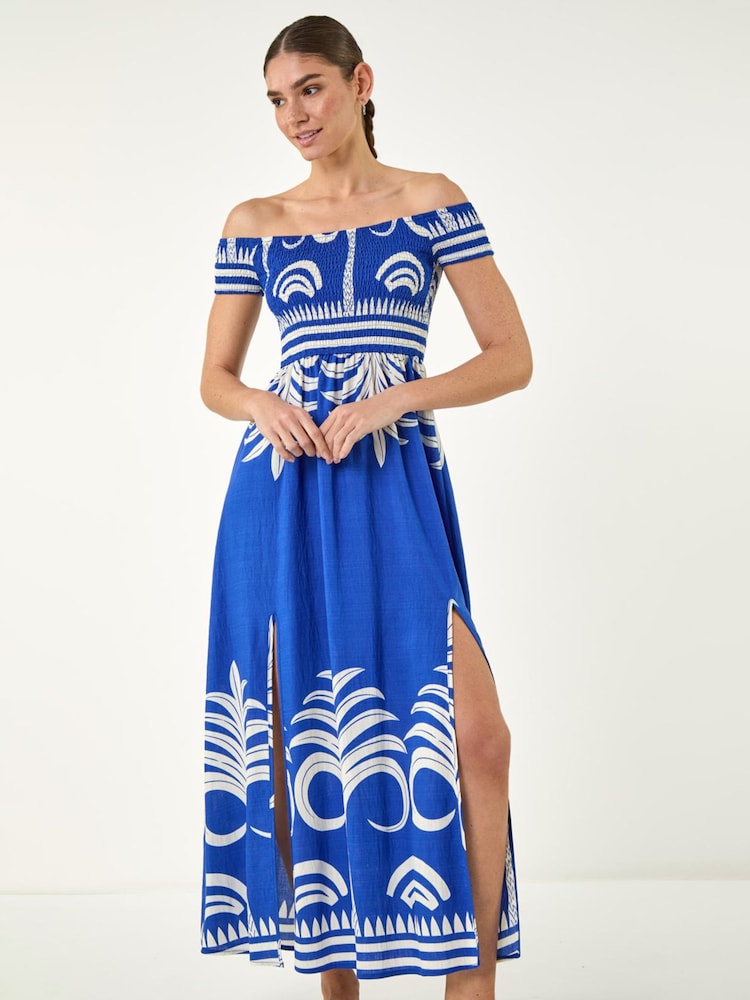Roman Blue Leaf Bardot Dress - Image 2 of 4 Roman Blue Leaf Bardot Dress - Image 2 of 4