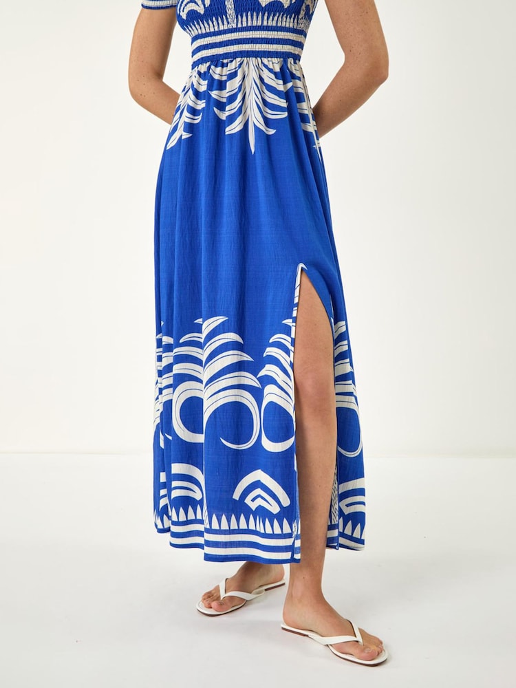 Roman Blue Leaf Bardot Dress - Image 4 of 4 Roman Blue Leaf Bardot Dress - Image 4 of 4