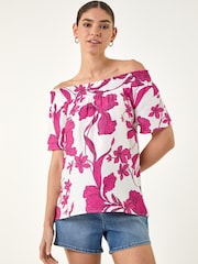 Roman Pink Floral Print Bardot Top - Image 1 of 4