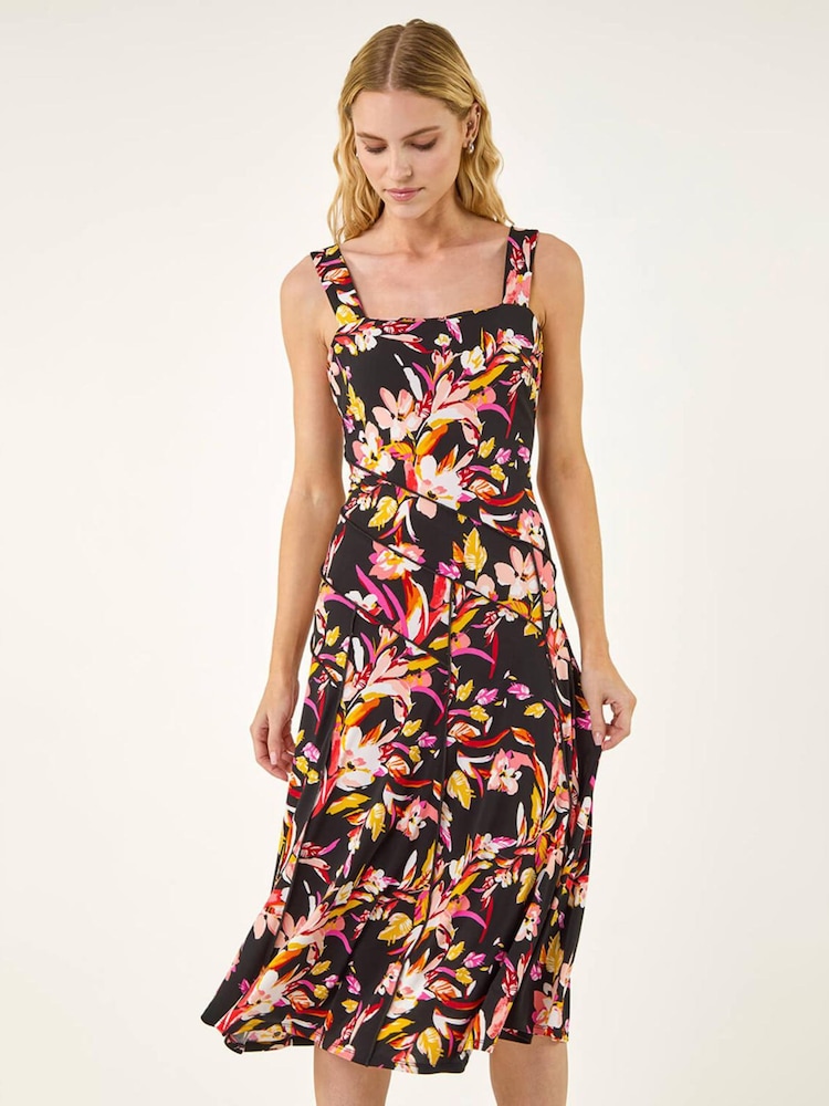 Roman Black Floral Print Panelled Midi Dress - Image 1 of 5