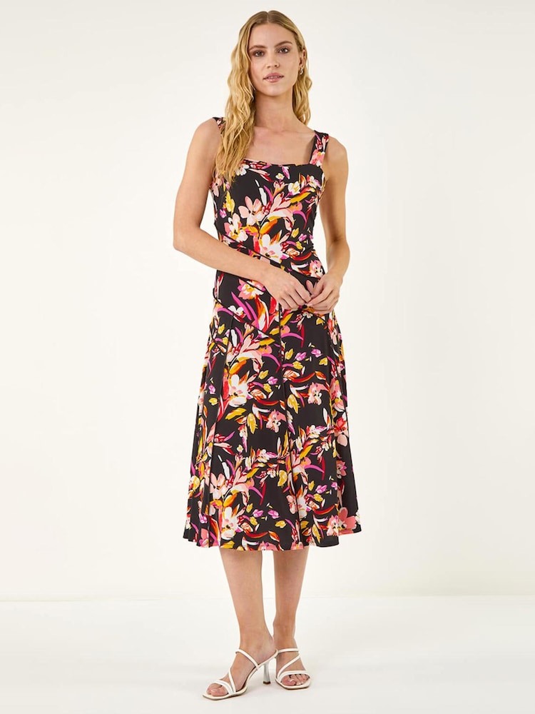 Roman Black Floral Print Panelled Midi Dress - Image 2 of 5