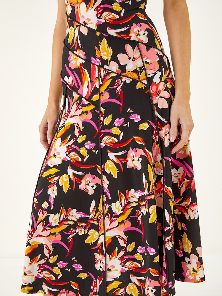 Roman Black Floral Print Panelled Midi Dress - Image 5 of 5